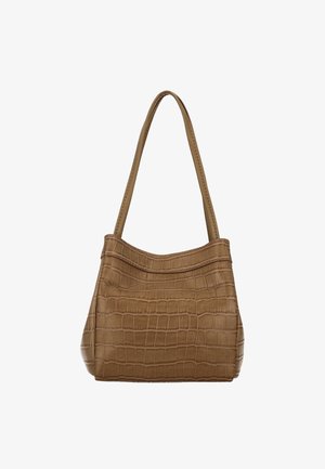 Brown crocodile-embossed handbag with a structured shape, featuring two slim handles and a smooth textured surface.