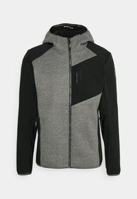 Hooded jacket featuring a mix of textured gray and solid black materials, with a zippered chest pocket and angled design elements.