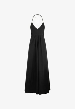 Abito nero senza spalle con scollatura a V profonda, corpetto aderente e gonna fluente con pieghe. Realizzato in tessuto leggero, con lacci al collo.