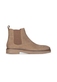 Stivale alla caviglia in suede marrone chiaro con pannelli elastici laterali e un pratico tirante; presenta una suola in gomma resistente e testurizzata e cuciture a contrasto.