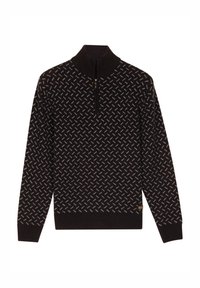 Donker sweater met kleine witte diagonale streepjespatronen, kwart-rits vooraan, ribgebreide kraag, mouwen en zoom, weergegeven tegen een effen achtergrond.