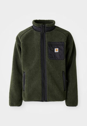 Giacca in pile verde con colletto alto, accenti neri, tasca sul petto con zip e tasche laterali. Superficie texturizzata, materiale resistente.