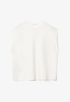 Hvid ærmeløs top med en afslappet pasform, rund halsudskæring, glat tekstur og lige kant. Simpelt design uden mønstre eller hardware.