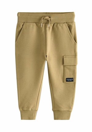 Kraťasové svetlé khaki tepláky po kolená s rebrovaným pásom a manžetami, dvoma bočnými vreckami a cargo vreckom na ľavej nohe s logom.