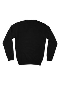 Zwarte gebreide trui met een ronde hals, lange mouwen en geribde boorden en zoom. Heeft een gladde textuur zonder zichtbare patronen of accenten.