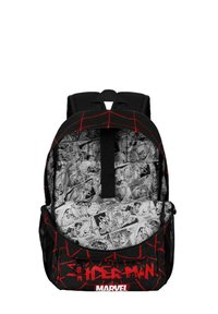 Batoh Spider-Man s černým exteriérem a červenými pavučinovými vzory. Interiér je vyzdobený tiskem komiksových stripů. Součástí jsou nastavitelné ramenní popruhy.