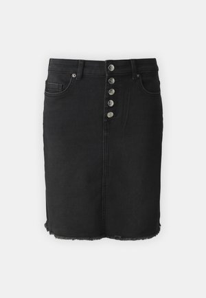 Schwarzer Jeansrock mit hoher Taille, fünf Knopfverschluss vorne, Eingrifftaschen und fransigem Saum. Besitzt eine figurbetonte Silhouette.