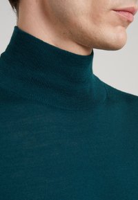 Pull-over à col roulé couleur sarcelle en maille fine et douce. Il présente un col montant et une texture lisse, avec un motif subtil et uniforme.