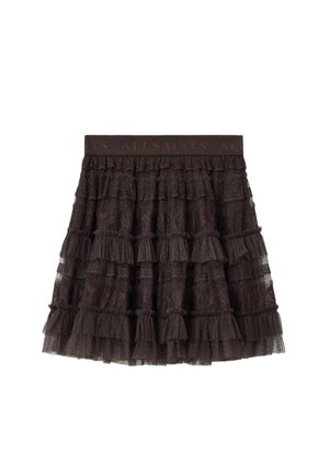 Musta kerroksittainen pitsihame, jossa on röyhelökerrokset ja vyötärökaitale, jossa on kohokuvioitu "ALLSAINTS"-teksti.