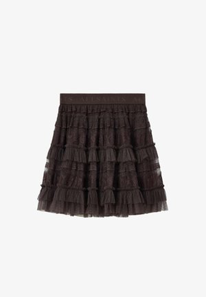 Jupe en dentelle noire à volants superposés avec des couches à volants et une taille ornée du texte embossé "ALLSAINTS".