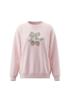 Lyserød sweatshirt med lange ærmer og ribkant ved ærmer og bund, med paliet kirsebær- og sløjfedesign foran.