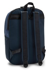 Navy backpack with black straps, a zippered top, and a smooth texture. Features adjustable straps and bottom clasps for secure fastening.
