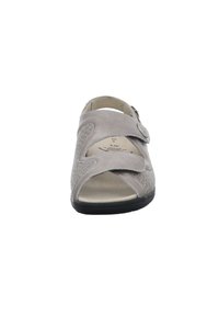 Gray open-toe sandal with a textured leather upper, adjustable strap, and a black rubber sole; features a cut-out design for breathability.