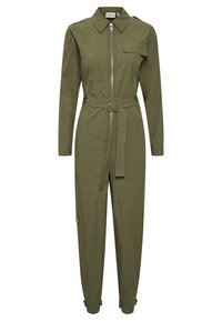 Combinaison utilitaire manches longues vert olive avec fermeture éclair à l'avant, taille ceinturée, col et poche poitrine à rabat.