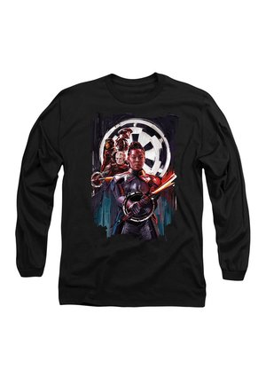 Schwarzes Langarmshirt mit einem Grafikdesign, das mehrere Charaktere zeigt, darunter eine zentrale Figur, die eine Waffe hält, vor einem bunten Hintergrund.