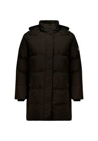 Zwarte pufferjas met een hoge kraag, lange mouwen en knoopdetails. Voorzien van een rits aan de voorkant en een oversized pasvorm, gemaakt van geïsoleerd materiaal.