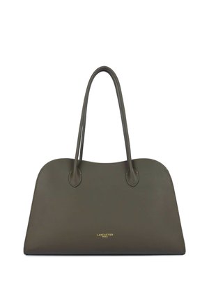 Sac à main en cuir Lancaster Paris vert olive avec deux longues anses et logo doré au centre à l'avant.