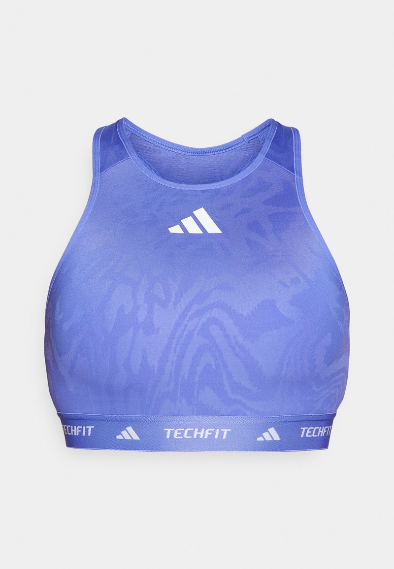 Sujeción deportiva morado en un material suave y elástico, con un patrón sutil, escote redondo y una amplia banda con el logo TECHFIT en la parte inferior.