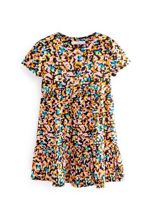Robe à manches courtes avec taille froncée et imprimé floral abstrait multicolore en orange, rose, sarcelle et noir.