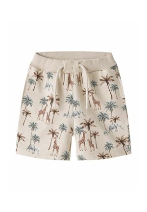 Short beige pour tout-petit avec ceinture élastique et cordon, avec un motif de girafes, d’éléphants et de palmiers.