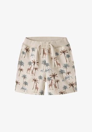 Short beige pour tout-petit avec ceinture élastique et cordon, avec un motif de girafes, d’éléphants et de palmiers.