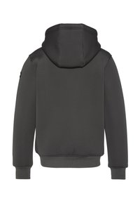 Felpa con cappuccio grigio scuro realizzata in tessuto liscio, con cappuccio a due pezzi, polsini a coste e orlo dritto. Nessun logo o motivo visibile.