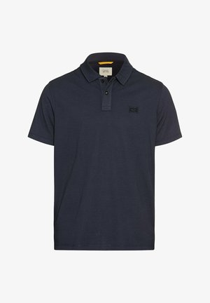 Marineblauwe poloshirt van textiel met een opgerolde kraag, een knoopsluiting met twee knopen en een klein geborduurd logo op de borst.