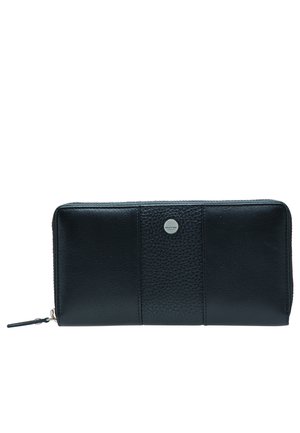 Portefeuille en cuir noir avec un panneau texturé et des sections lisses. Comprend une fermeture éclair et un accent logo rond en métal à l'avant.