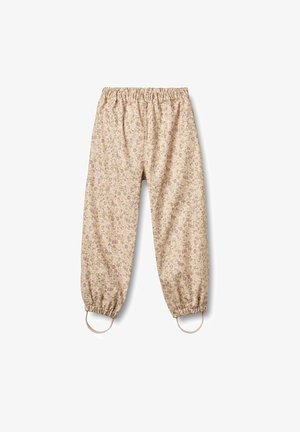 Pantaloni leggeri a fantasia floreale in rosa pastello con vita elastica e polsini arricciati. Presentano anelli all'orlo per aggiustamento.