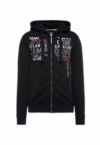 Sweat à capuche zippé noir avec poches avant, cordons de serrage, et texte imprimé en blanc et rose ainsi que des graphismes sur la poitrine et le haut des manches.