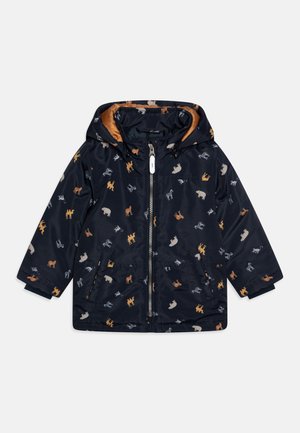 Chaqueta con capucha para niños de color azul marino con cierre de cremallera completa y estampados de animales multicolores que incluyen osos, leones, cebras y camellos.