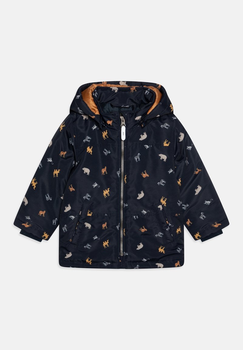 Veste à capuche pour enfant bleu marine avec fermeture éclair complète et imprimés d'animaux multicolores, notamment des ours, des lions, des zèbres et des chameaux.