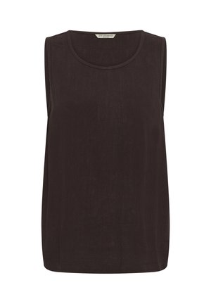 Fekete ujjatlan trikó kerek nyakkivágással és egyenes szegéllyel, könnyű anyagból készült, belső címkével a gallérban.