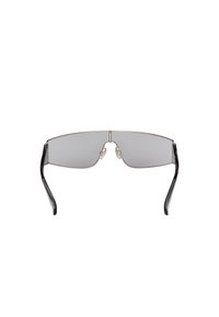 Okulary przeciwsłoneczne z metalową oprawą, szarymi soczewkami, czarnymi plastikowymi zausznikami oraz wąskim, geometrycznym wzornictwem. Wyposażone w regulowane poduszki nosowe.