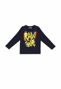 Marineblaues Langarmshirt mit auffälligem gelb-blauem "RAWR"-Text und roten sowie blauen geometrischen Akzenten. Weiches Baumwollmaterial, Rundhalsausschnitt.