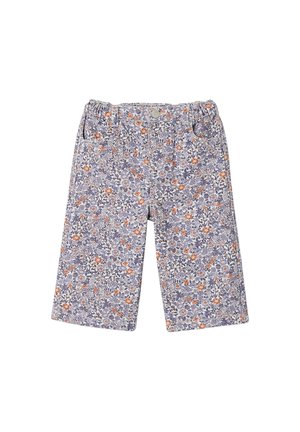 Kindgerechte kniehohe Hosen mit elastischem Bund und Knopf, mit dichtem Blumenmuster in lila und orangen Tönen auf weißem Stoff.