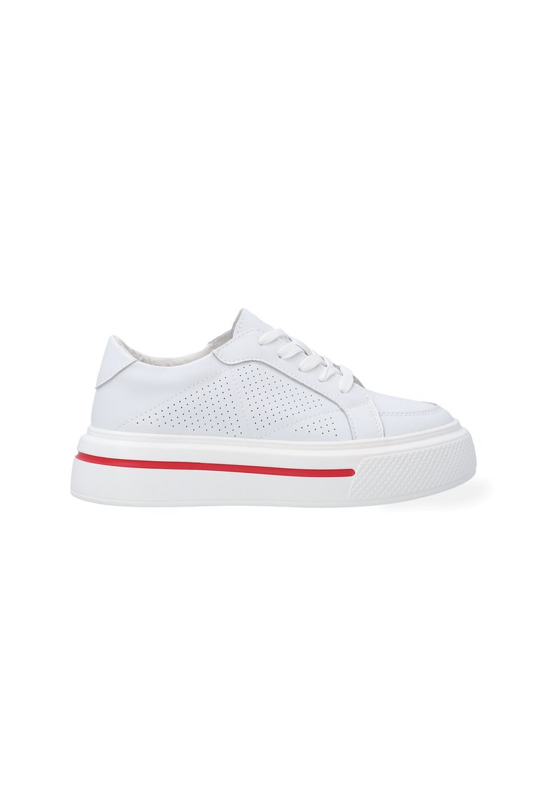 White sneaker shoe with perforated sides and red stripe on the sole. Features a rounded toe, flat laces, and a textured rubber outsole.