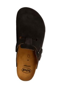 Sandale à glissière en daim marron avec une sangle en cuir et boucle en métal, semelle plate avec une semelle intérieure rembourrée, taille 42 estampillée à l'intérieur.