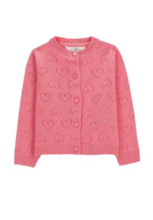 Różowy sweter rozpinany z dzianiny z perforacjami w kształcie serc i guzikami w kształcie serc, długimi rękawami oraz ściągaczami na mankietach i u dołu.