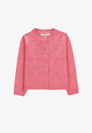 Różowy sweter rozpinany z dzianiny z perforacjami w kształcie serc i guzikami w kształcie serc, długimi rękawami oraz ściągaczami na mankietach i u dołu.