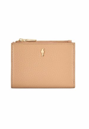 Beżowy portfel z teksturowanej skóry z złotym zamkiem błyskawicznym i małym złotym logo w kształcie ptaka umieszczonym na środku frontu.