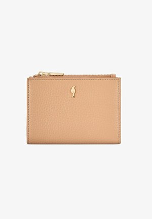 Beżowy portfel z teksturowanej skóry z złotym zamkiem błyskawicznym i małym złotym logo w kształcie ptaka umieszczonym na środku frontu.