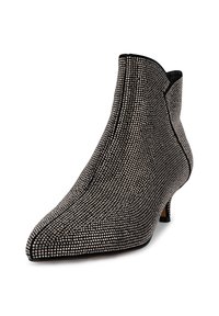 Schwarze Knöchelstiefel mit spitzem Zehenbereich und kleinem Absatz, bedeckt mit kleinen, glänzenden Strasssteinen. Verfügt über eine nahtlose, strukturierte Oberfläche.