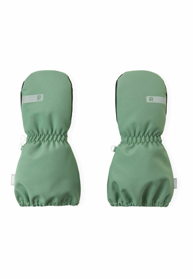 Grüne Fäustlinge mit elastischen Bündchen und weichem Stoff. Sie sind mit einem grauen Logo auf der Vorderseite versehen und für Wärme und Komfort ausgelegt.