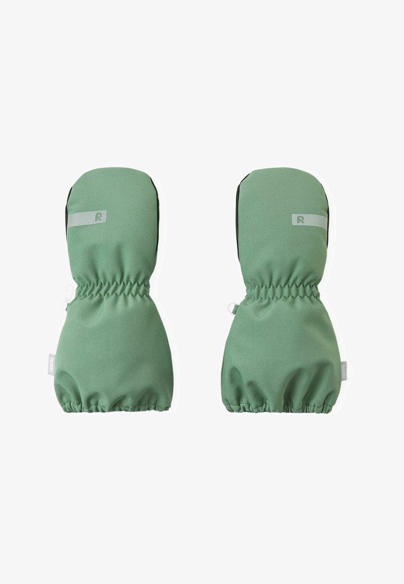 Grüne Fäustlinge mit elastischen Bündchen und weichem Stoff. Sie sind mit einem grauen Logo auf der Vorderseite versehen und für Wärme und Komfort ausgelegt.