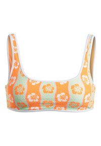 Borsttop gemaakt van textuurstof in een oranje, groene en witte bloemenprint. Beschikt over brede bandjes en een witte rand langs de randen.