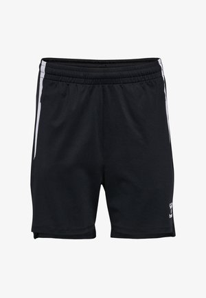 Pantaloni da corsa neri realizzati in tessuto leggero con una vita elastica, dotati di strisce bianche sui lati e un logo nella parte bassa a destra.