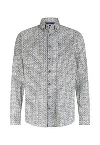 Langärmliges Hemd aus weißem Stoff mit blauem und grünem Blattmuster, Knopfverschluss vorne, spitzem Kragen und einer Brusttasche.