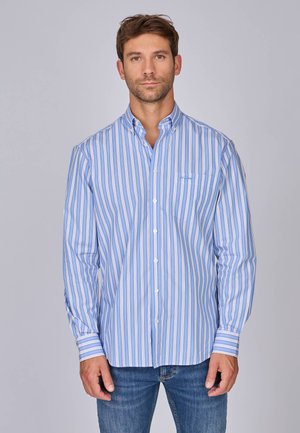 Chemise à rayures bleues et blanches à boutons, à manches longues, avec une poche poitrine et un col pointu, présentée sur un mannequin masculin.