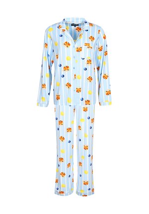 Lichtblauw pyjama setje met lange mouwen en broek. Heeft speelse prints van desserts en fruit, met verticale strepen overal.